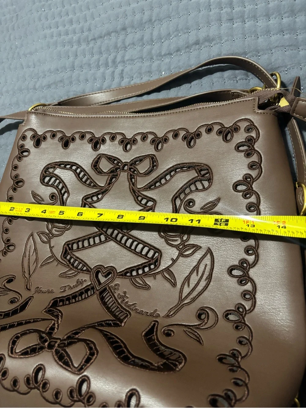 Embroidered Ribbon Detail Brown Tote Backpack